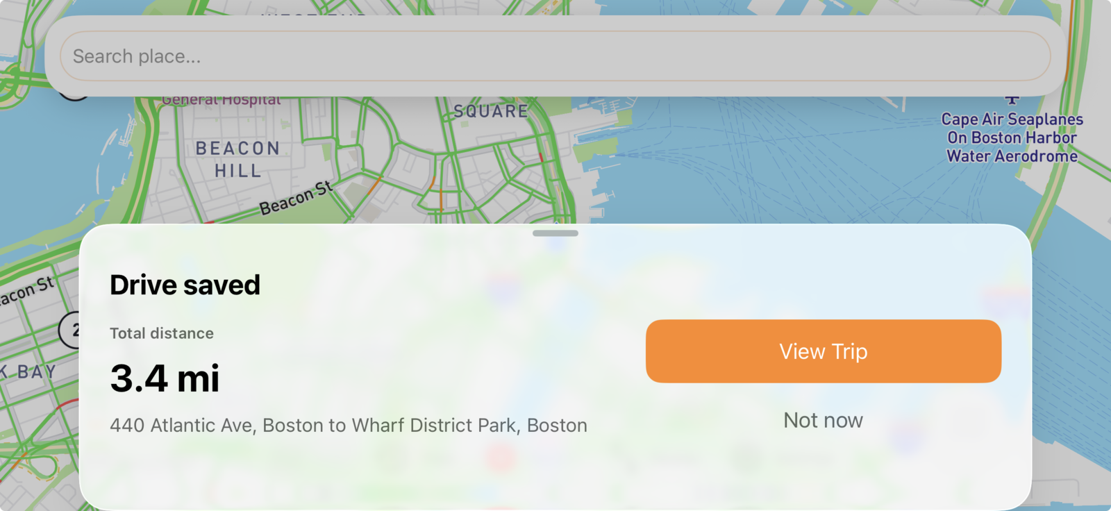 DashMap drive saved sheet showing trip distance, route summary, and View Trip action