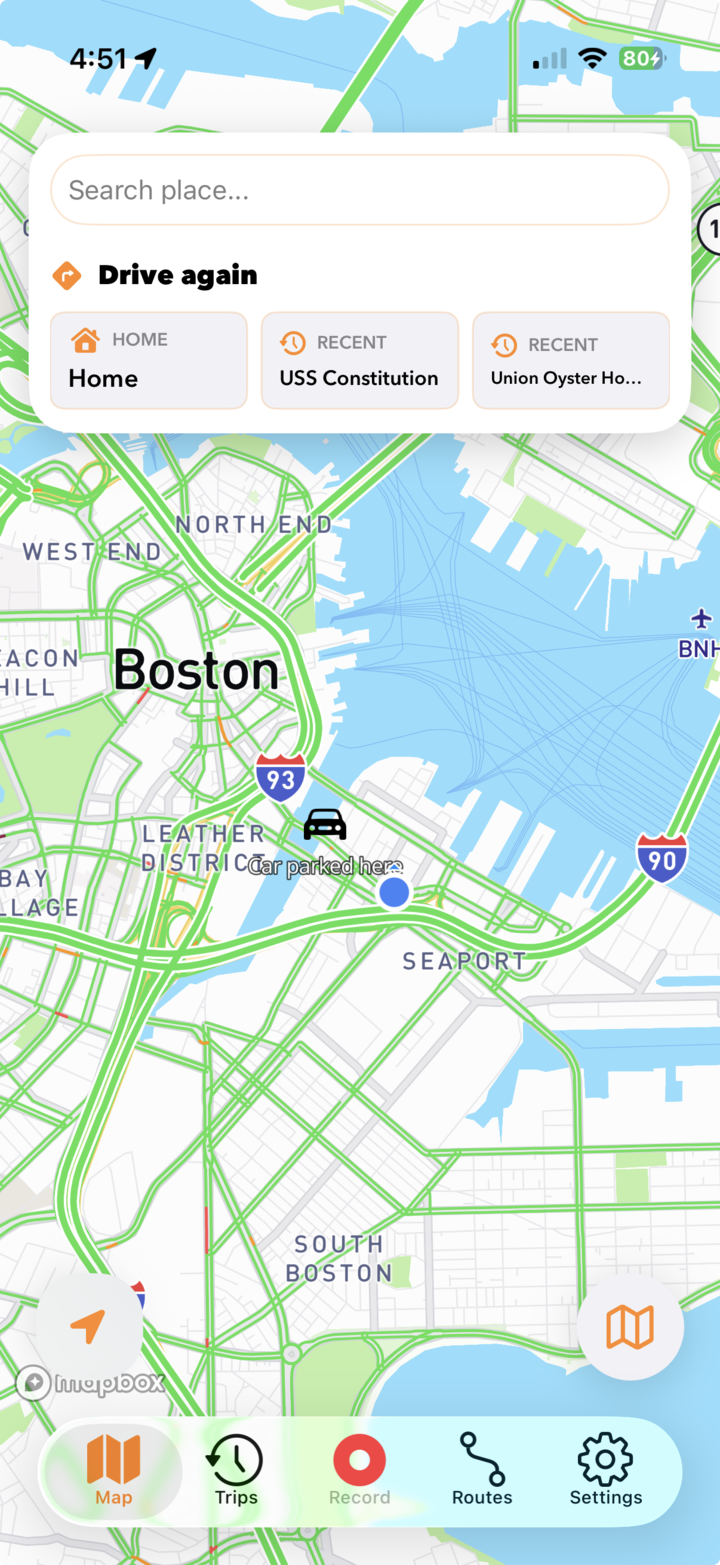 DashMap home screen showing a Boston map, destination shortcuts, and recording controls
