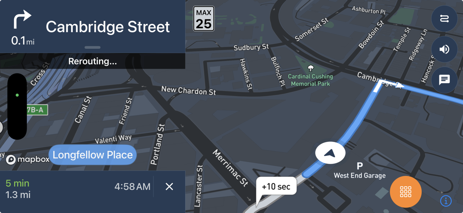 DashMap landscape navigation showing the next turn, route line, arrival time, and driving controls