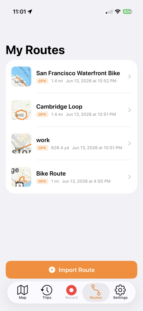 DashMap My Routes screen listing imported GPX routes with map previews and distances